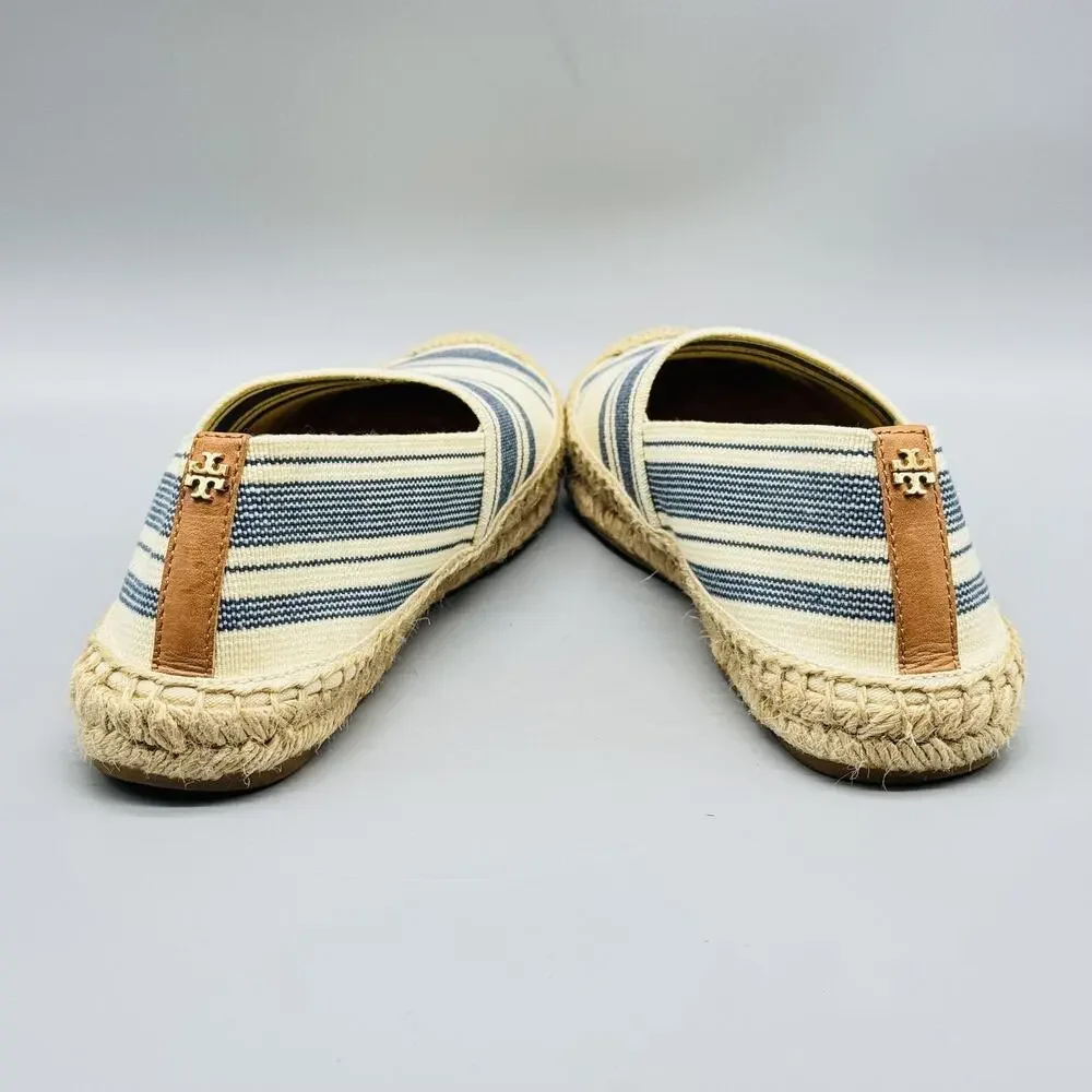 Tory Burch Shoes Womens 8.5 Blue Ivory Canvas Stripe Espadrilles Jute Slip On